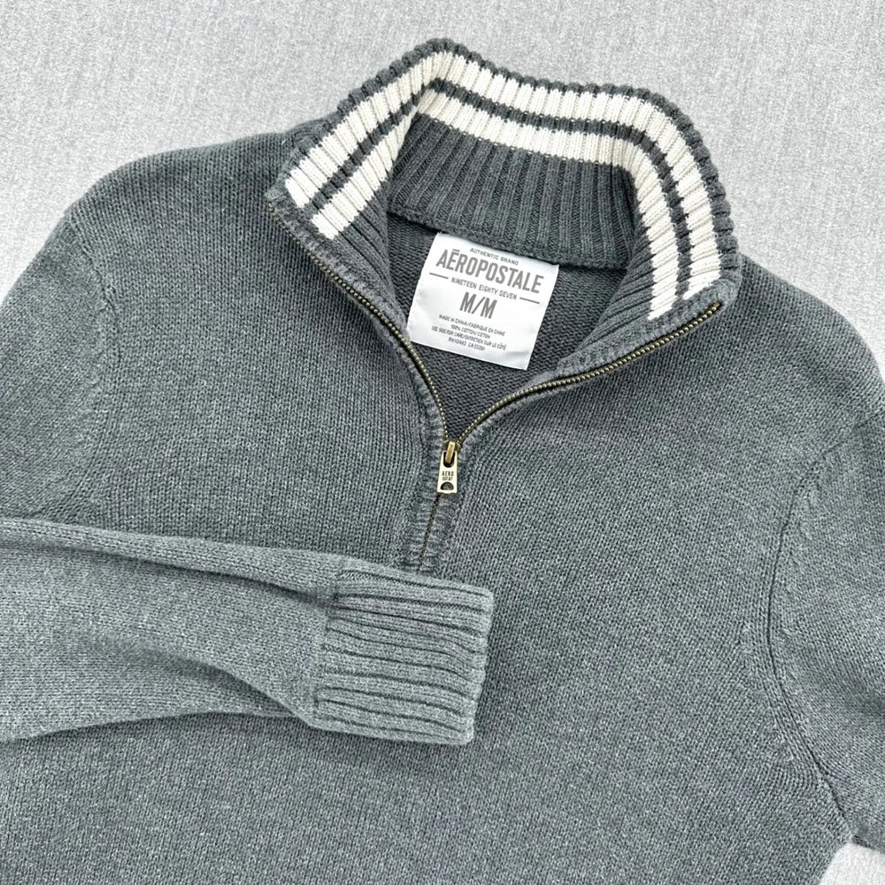 Aeropostale Quarter Zip Men's Medium Pullover Sweater Dark Gray‎ Cotton Collar